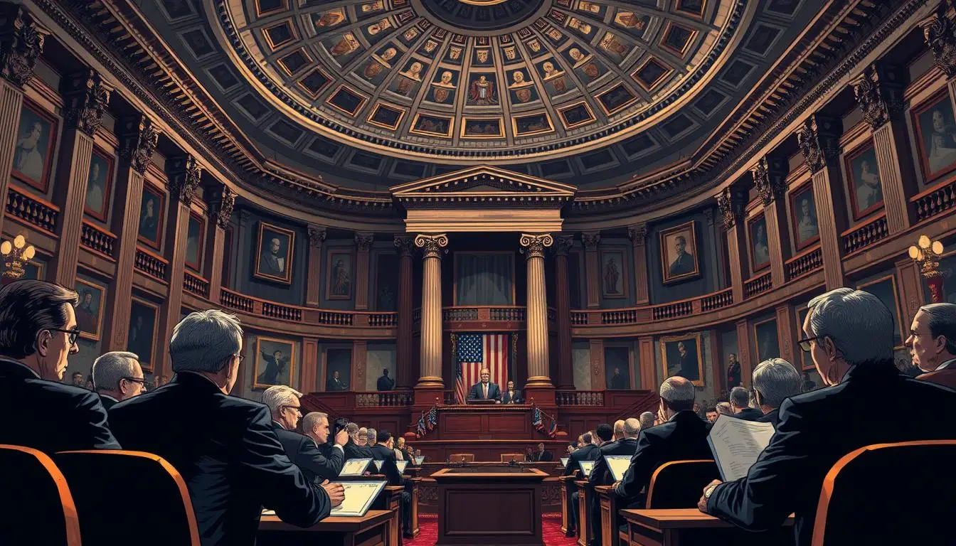 A detailed, technical illustration of the legislative process in the U.S. Senate. In the foreground, a group of Senators debating and voting on a bill, their faces illuminated by the warm glow of the chamber's lighting. In the middle ground, the intricate architecture of the Senate floor, with its ornate columns and gilded accents. In the background, a vast, domed ceiling casts dramatic shadows, suggesting the gravity and importance of the proceedings. The scene conveys a sense of solemn deliberation and the weight of the democratic process. Realistic rendering, high detail, photographic quality. Senate confirms