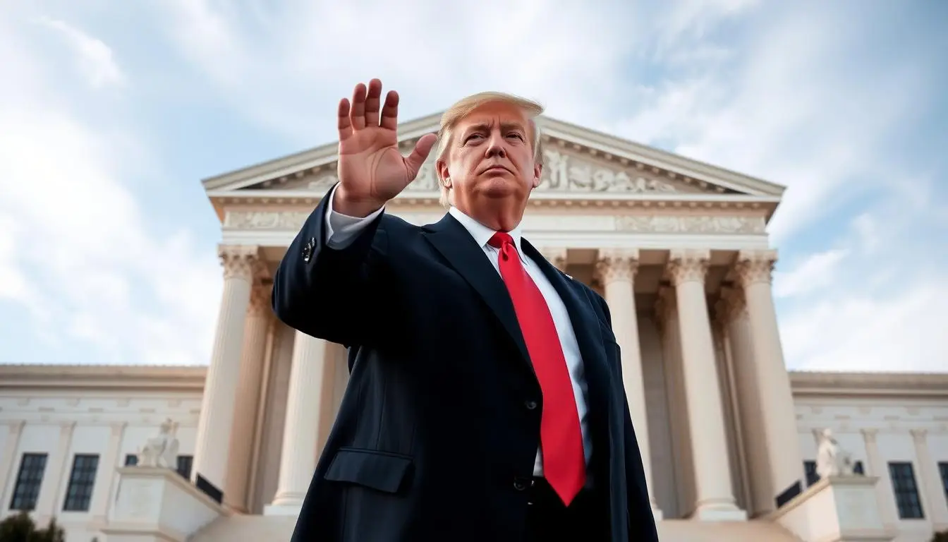A dimly lit courtroom, with a majestic American flag hanging in the background. In the foreground, a group of stern-faced lawmakers engaged in a heated debate, their hands gesturing animatedly as they argue over trade policies. The lighting casts dramatic shadows, adding a sense of gravity to the scene. In the middle ground, a pair of lawyers, one in a crisp suit, the other in a flowing robe, stand at a podium, presenting their cases to the court. The atmosphere is tense and charged, reflecting the high stakes of the emerging legal battle over trade policies that will shape the nation's economic future. Supreme Court