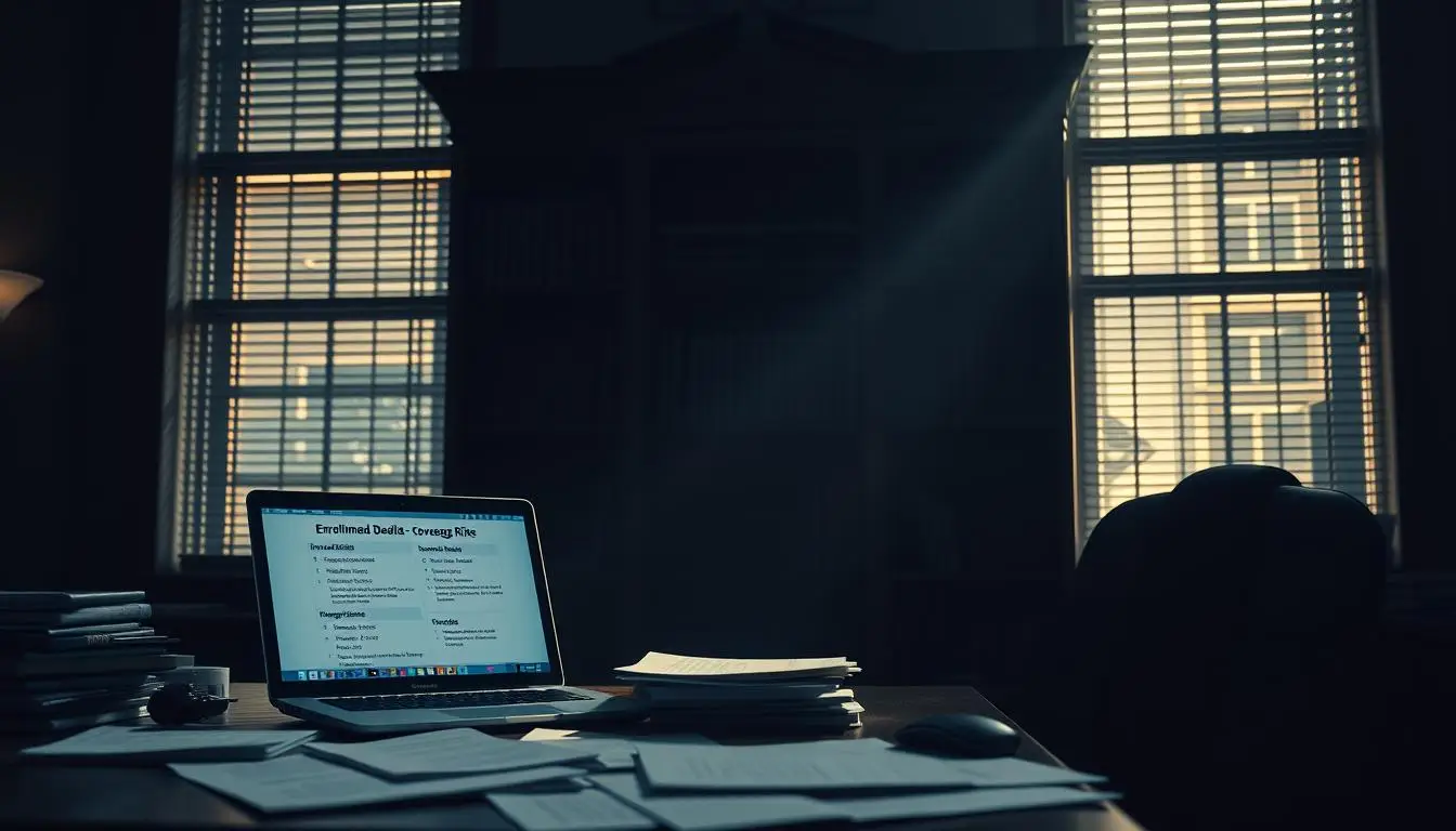 A dimly lit government office, the air thick with bureaucratic tension. In the foreground, an official's desk, strewn with documents and a laptop displaying enrollment deadlines and coverage risks. Behind, an imposing bookshelf casts long shadows, evoking a sense of impending deadline. Muted tones of gray and blue set the somber mood, while a hint of natural light filters through venetian blinds, casting a warm glow on the scene. The composition reflects the weight of the decision-making process, the stakes high as the future of healthcare coverage hangs in the balance. Extending Obamacare