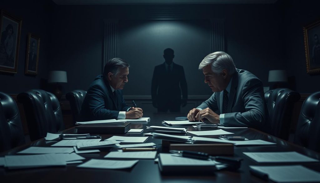 A dimly lit government office, the atmosphere heavy with tension. In the foreground, a negotiating table with scattered papers and documents, symbolizing the concrete outcomes of the shutdown. In the middle ground, two representatives from opposing parties, faces etched with frustration, engaged in a heated debate. Behind them, a shadowy figure representing the missed goals, looming in the background. Soft, cool lighting casts dramatic shadows, highlighting the gravity of the situation. The scene conveys a sense of small wins amidst the larger challenges, a visual representation of the ongoing government standoff. A dimly lit government office, the atmosphere heavy with tension. In the foreground, a negotiating table with scattered papers and documents, symbolizing the concrete outcomes of the shutdown. In the middle ground, two representatives from opposing parties, faces etched with frustration, engaged in a heated debate. Behind them, a shadowy figure representing the missed goals, looming in the background. Soft, cool lighting casts dramatic shadows, highlighting the gravity of the situation. The scene conveys a sense of small wins amidst the larger challenges, a visual representation of the ongoing government standoff.