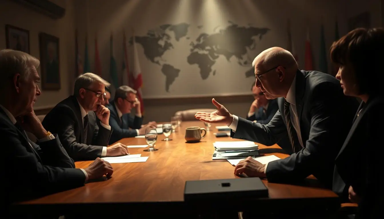 A dramatic scene unfolds in a dimly lit conference room, with European diplomats and advisors gathered around a long oak table. The atmosphere is tense, as they race against the Thanksgiving deadline to formulate a counter-proposal to the ongoing Ukraine-Russia conflict. Soft, warm lighting casts dramatic shadows, creating a sense of urgency and high-stakes negotiation. In the foreground, a senior diplomat leans forward, gesturing animatedly as they present their proposal, while others listen intently, their faces etched with concentration. The background is hazy, with a world map and flags of various nations visible, hinting at the global implications of this pivotal moment. Ukraine Peace Plan with Russia