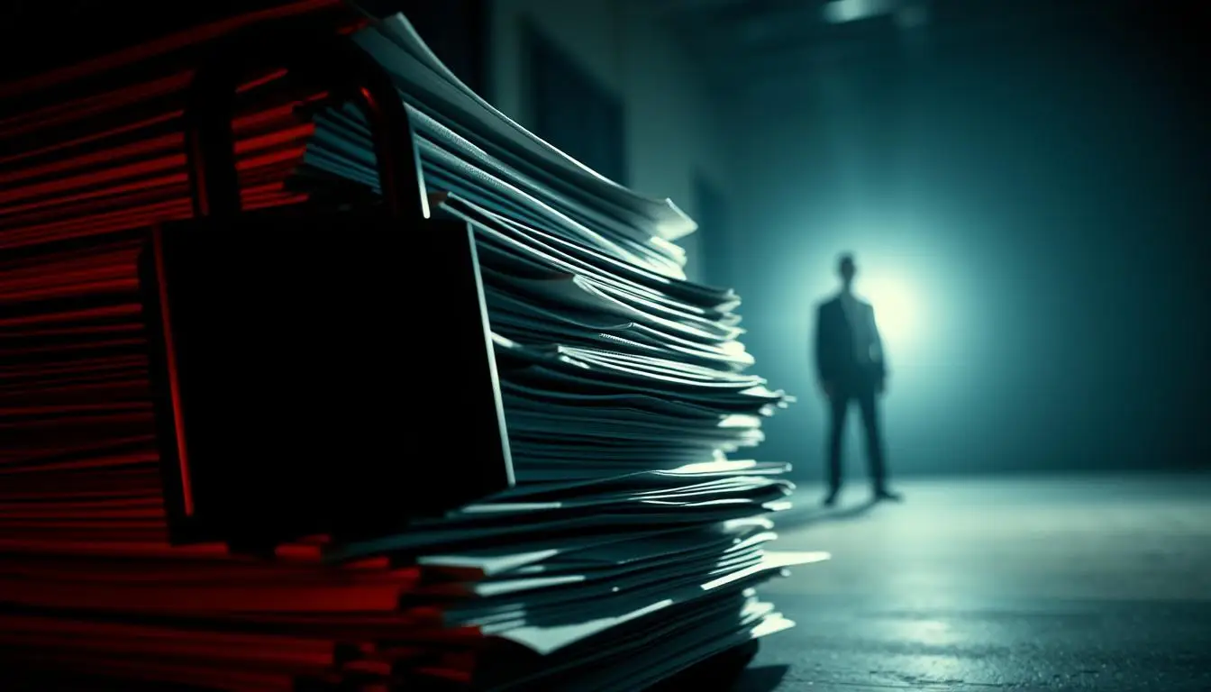A high-contrast, cinematic image depicting the "Epstein Files Revealed" topic. The foreground shows a stack of classified government files and documents, their edges illuminated by a dramatic sidelight. Partially obscuring the files is a large, ominous-looking lock, symbolic of the sealed scope of the contents. In the background, a shadowy figure stands in the distance, hinting at the secretive and controversial nature of the revelations. The overall mood is one of intrigue, mystery, and the tension between public disclosure and restricted access. The lighting is moody and dramatic, with deep shadows and highlights that create a sense of depth and atmosphere. Epstein Files Revealed