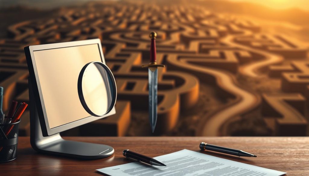A meticulously-crafted image depicting the pros and cons of SEO writing. In the foreground, a writer's desk with a computer, pen, and paper, representing the creative and technical aspects of SEO-optimized content creation. In the middle ground, a magnifying glass examining a double-edged sword, symbolizing the balance between visibility and authenticity. In the background, a maze-like landscape with both clear and obscured paths, conveying the complexities of navigating the SEO landscape. The scene is illuminated by a warm, golden light, evoking a sense of thoughtful contemplation. The overall atmosphere is one of careful consideration and the pursuit of a harmonious blend between marketing strategies and artistic expression. The Pros and Cons of SEO Writing