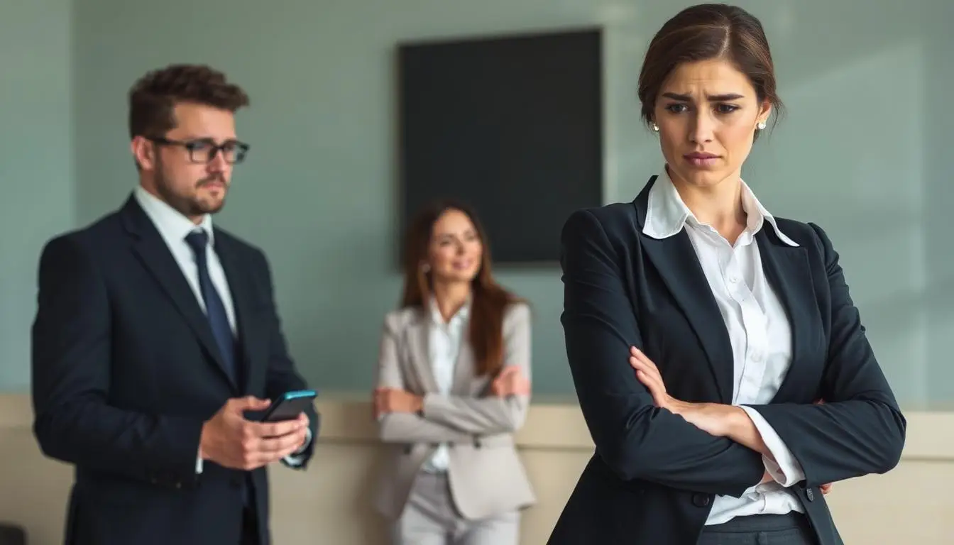 A scene depicting a man and woman in a modern, professional setting, illustrating behaviors that can drive women away. In the foreground, the man, dressed in formal business attire, appears distant and distracted, looking at his phone rather than engaging in conversation. The woman, also in professional attire, shows signs of frustration and disappointment, crossing her arms and avoiding eye contact. In the middle background, a subtle contrast illustrates supportive communication, with another couple sharing a warm smile and engaged eye contact. The lighting is soft, highlighting the contrast between the two interactions, creating a somber yet reflective mood. The scene is captured from a slightly elevated angle to emphasize the emotional distance between the two individuals. The Top 10 Reasons Women Leave Men