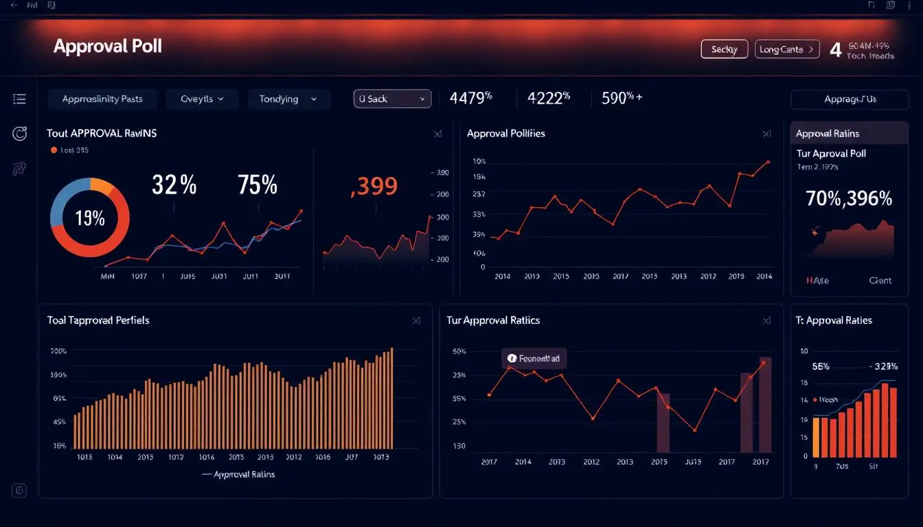 A sleek, modern data visualization dashboard displaying a variety of approval poll metrics and trend lines. The dashboard features clean typography, intuitive charts and graphs, and a sophisticated, minimalist aesthetic. Subtle lighting creates a sense of depth and dimensionality, while the use of warm, muted tones evokes a sense of authority and professionalism. The overall impression is one of precision, clarity, and data-driven decision making, reflecting the serious and consequential nature of political approval ratings. approval polls
