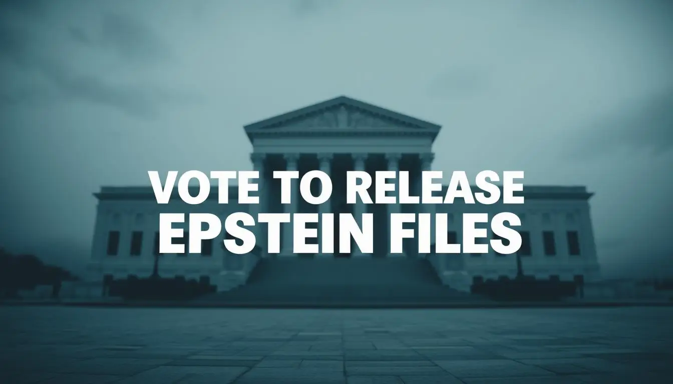 A vote-themed image with a clear, bold focus on the central text "VOTE TO RELEASE EPSTEIN FILES". Set against a backdrop of a stark, minimalist government building or official setting, bathed in cool, neutral lighting that creates a sense of seriousness and gravity. The text stands out in sharp contrast, rendered in a bold, authoritative typeface that commands attention. The composition is balanced, with the text occupying a central position and surrounded by ample negative space to emphasize its importance. The overall mood is one of civic duty, transparency, and the weight of a significant political decision. Vote to Release Epstein Files