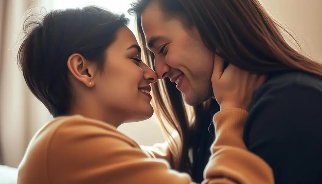 A warm and intimate embrace between two people, their faces close and their eyes locked in a moment of deep connection. The soft, diffused lighting casts a gentle glow, highlighting the tender expression on their faces. The background is blurred, keeping the focus on the emotional intimacy between the pair. The pose and body language convey a sense of safety, trust, and understanding, capturing the essence of a fulfilling relationship. The image radiates a sense of comfort, vulnerability, and the profound bond that can exist between two individuals. A warm and intimate embrace between two people, their faces close and their eyes locked in a moment of deep connection. The soft, diffused lighting casts a gentle glow, highlighting the tender expression on their faces. The background is blurred, keeping the focus on the emotional intimacy between the pair. The pose and body language convey a sense of safety, trust, and understanding, capturing the essence of a fulfilling relationship. The image radiates a sense of comfort, vulnerability, and the profound bond that can exist between two individuals.