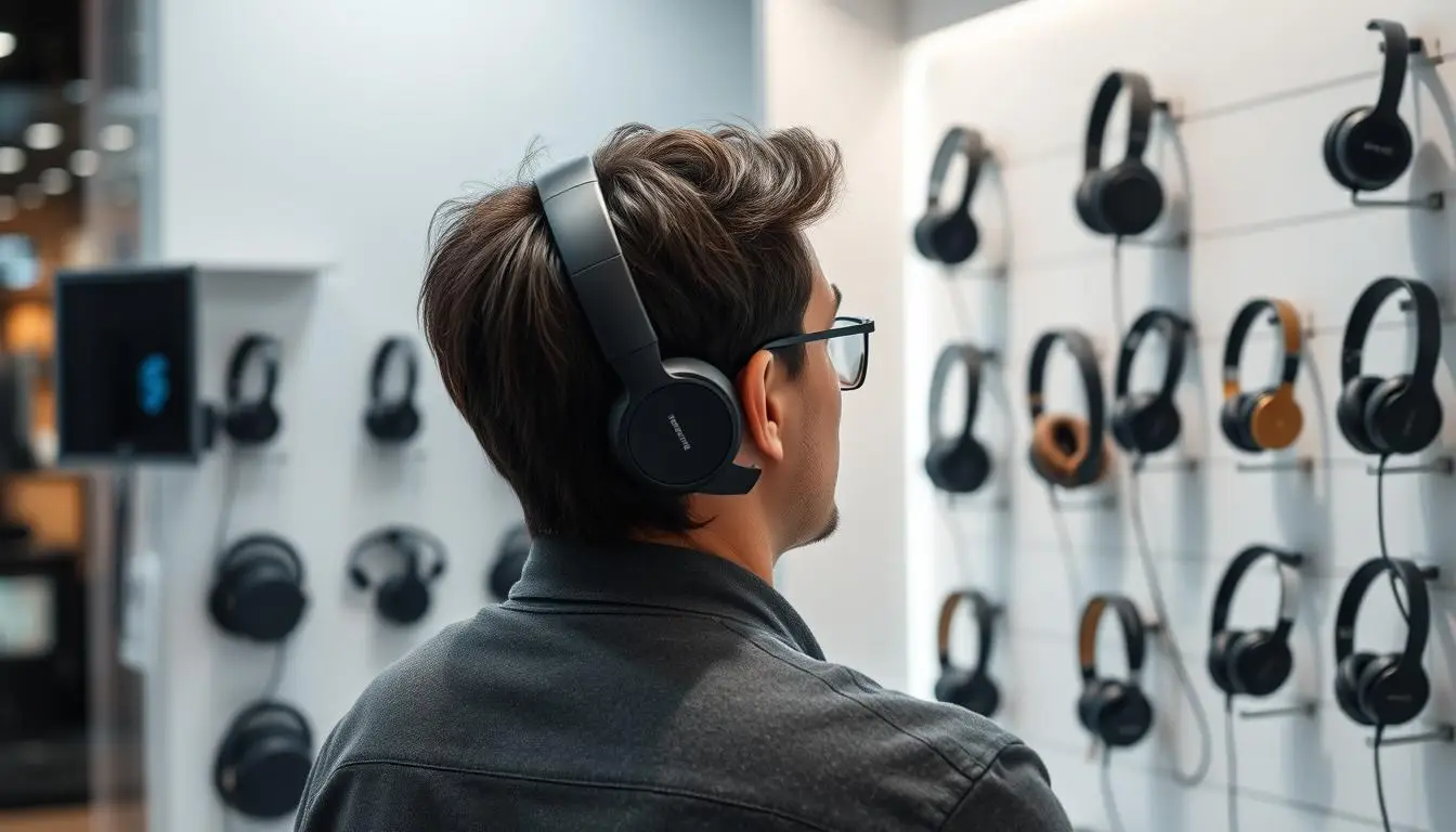 Person trying on different headphones in a store for best headphones 2025 Person trying on different headphones in a store for best headphones 2025