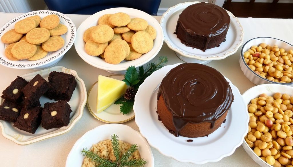 A display of budget-friendly Christmas desserts including cookies, brownies, and cake