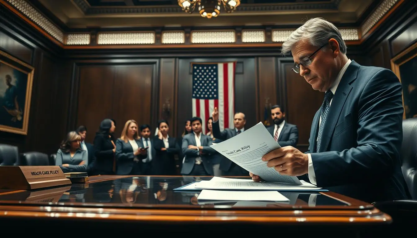 A dramatic scene depicting a government office environment with an ornate wooden desk at the forefront, where a serious-looking official, dressed in a sharp navy suit, is reviewing documents titled "Health Care Policy" under glaring fluorescent lights. In the middle ground, a small group of concerned citizens of diverse ethnicities, wearing business casual attire, discuss among themselves with worried expressions, highlighting the impact of policy changes. In the background, an American flag hangs prominently on the wall, symbolizing the national significance of the decision, while the mood conveys a sense of urgency and anxiety. The lighting is stark and slightly harsh, emphasizing the gravity of the situation and creating firm shadows around the figures. The scene should evoke feelings of tension and uncertainty, providing a powerful visual commentary on healthcare policy changes. Trump Ends Obamacare