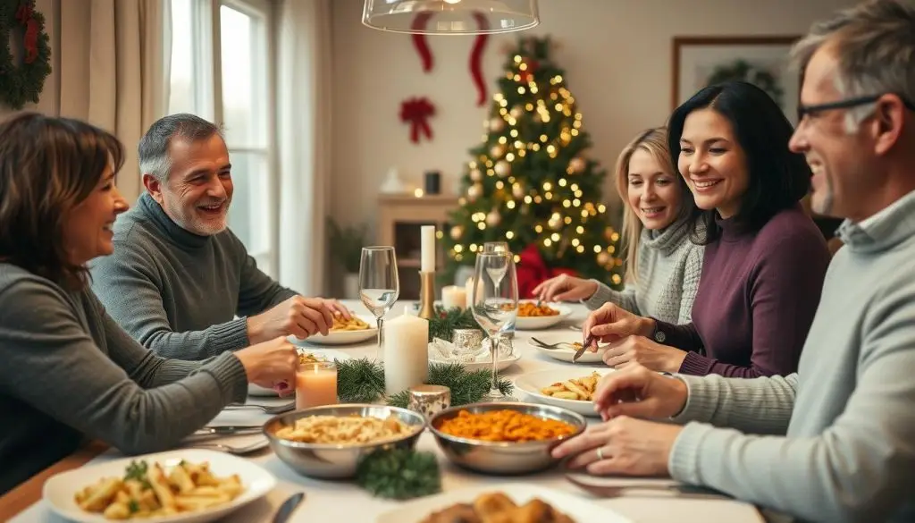 A family enjoying an affordable Christmas dinner with budget-friendly dishes