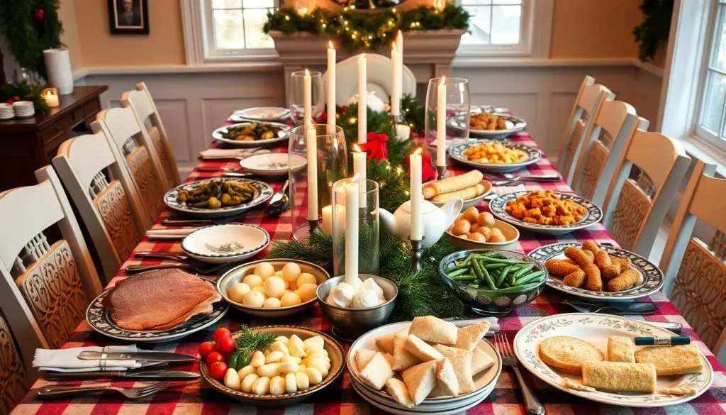 A festive Christmas dinner table set with budget-friendly dishes for a large group