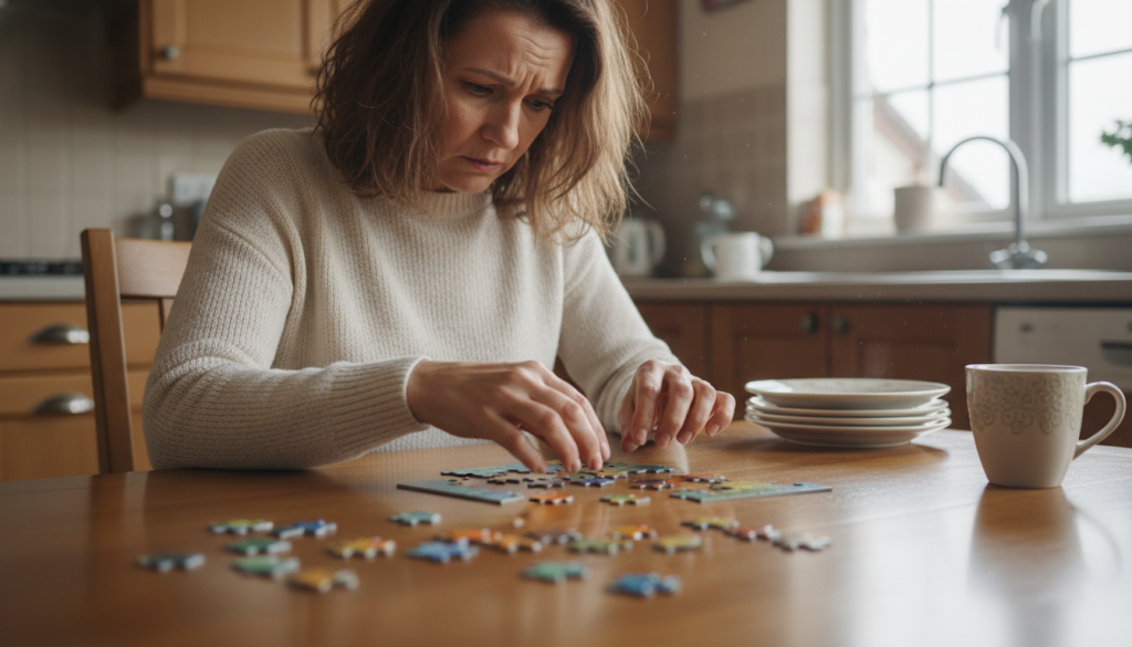A middle-aged woman sits at a dining table, looking confused as she tries to assemble a jigsaw puzzle. Her hair is slightly disheveled, and she wears modest casual clothing. In the foreground, focus on her furrowed brow and the scattered puzzle pieces, symbolizing her difficulty with familiar tasks. The middle ground shows a cozy, well-lit kitchen with warm wood tones, suggesting a homey atmosphere. In the background, a window allows soft natural light to illuminate the scene, enhancing the sense of warmth and comfort. The overall mood is one of subtle distress and confusion, encapsulating the struggle with daily tasks. The angle of the shot is slightly above eye level, offering a compassionate perspective on her experience. A middle-aged woman sits at a dining table, looking confused as she tries to assemble a jigsaw puzzle. Her hair is slightly disheveled, and she wears modest casual clothing. In the foreground, focus on her furrowed brow and the scattered puzzle pieces, symbolizing her difficulty with familiar tasks. The middle ground shows a cozy, well-lit kitchen with warm wood tones, suggesting a homey atmosphere. In the background, a window allows soft natural light to illuminate the scene, enhancing the sense of warmth and comfort. The overall mood is one of subtle distress and confusion, encapsulating the struggle with daily tasks. The angle of the shot is slightly above eye level, offering a compassionate perspective on her experience.