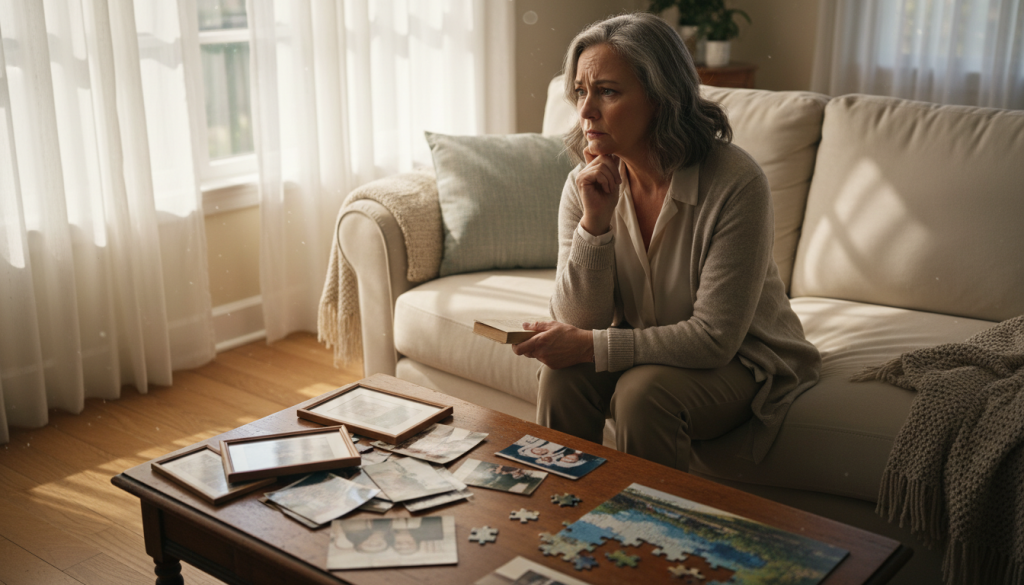 A peaceful, softly lit room depicting a middle-aged individual sitting on a couch, displaying subtle signs of confusion and introspection, indicative of early dementia symptoms. In the foreground, the person is dressed in modest casual clothing, with a thoughtful expression on their face as they gaze out a window. The middle ground features a table cluttered with family photos, representing lost memories, and a half-finished puzzle, symbolizing cognitive challenges. In the background, bright, warm sunlight filters through sheer curtains, creating an inviting yet melancholic atmosphere. The camera angle is slightly elevated, capturing the subject's emotional state while emphasizing the cozy, homey environment, evoking a sense of nostalgia and the importance of connection. A peaceful, softly lit room depicting a middle-aged individual sitting on a couch, displaying subtle signs of confusion and introspection, indicative of early dementia symptoms. In the foreground, the person is dressed in modest casual clothing, with a thoughtful expression on their face as they gaze out a window. The middle ground features a table cluttered with family photos, representing lost memories, and a half-finished puzzle, symbolizing cognitive challenges. In the background, bright, warm sunlight filters through sheer curtains, creating an inviting yet melancholic atmosphere. The camera angle is slightly elevated, capturing the subject's emotional state while emphasizing the cozy, homey environment, evoking a sense of nostalgia and the importance of connection.