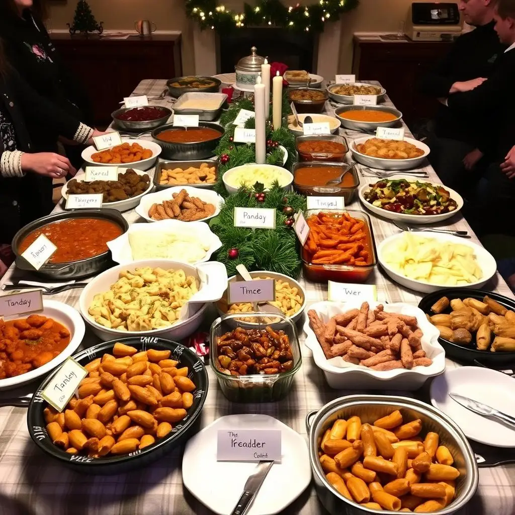 A potluck-style Christmas dinner with dishes brought by different guests Best Christmas Dinner Ideas on a Budget
