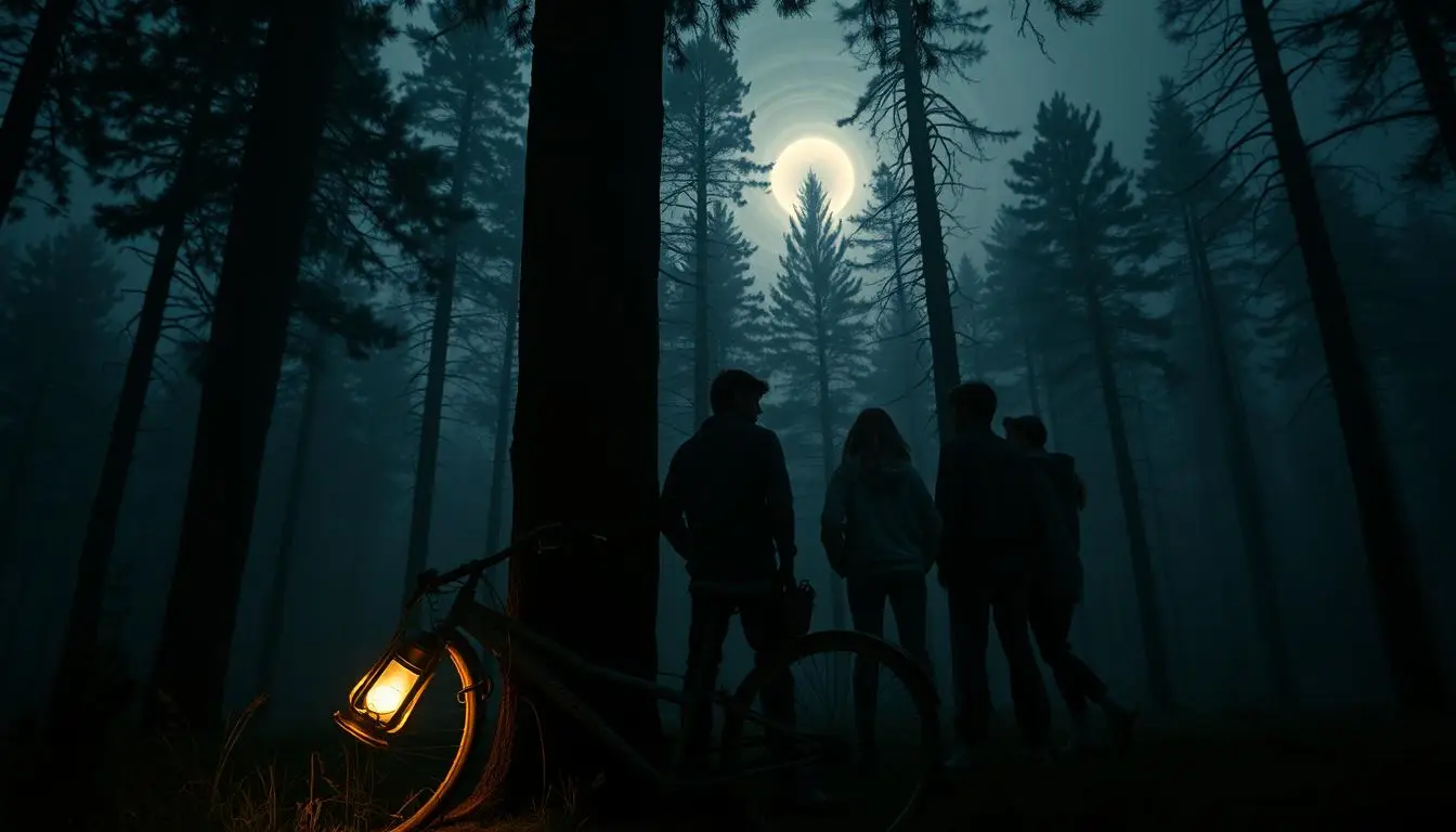 A scene inspired by "Stranger Things," featuring a mysterious forest at dusk, with tall, shadowy trees and a misty atmosphere that hints at supernatural elements. In the foreground, a vintage bicycle leans against a tree, with a flickering lantern casting a warm, inviting glow. The middle ground reveals silhouettes of young friends dressed in 1980s casual clothing, looking intrigued and slightly fearful, as they peer into the dense woods. The background showcases a dark, swirling sky with a hint of a glowing portal, suggesting otherworldly forces at play. The image should evoke a tense yet nostalgic mood, reminiscent of thrilling adventures in a small town. Soft, diffused lighting enhances the suspenseful ambiance, captured from a low angle for dramatic effect. Stranger Things Season 5