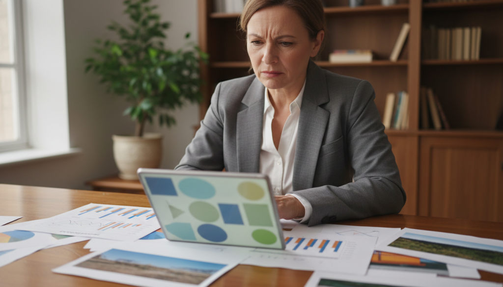 A serene office setting depicting a middle-aged individual, dressed in professional business attire, working at a desk filled with various visual aids, such as charts and images. In the foreground, the person appears slightly confused, squinting at a blurred image of geometric shapes, illustrating visual-spatial processing difficulties. The middle area features a large window with soft daylight filtering through, creating a calming atmosphere. In the background, a subtle bookshelf and a potted plant convey a sense of normalcy. The lighting is warm, highlighting the nuances of the subject's expression, while maintaining an overall gentle ambiance. The angle captures a slight tilt, emphasizing the disorientation experienced by individuals with dementia symptoms, enhancing the theme of visual and spatial challenges. A serene office setting depicting a middle-aged individual, dressed in professional business attire, working at a desk filled with various visual aids, such as charts and images. In the foreground, the person appears slightly confused, squinting at a blurred image of geometric shapes, illustrating visual-spatial processing difficulties. The middle area features a large window with soft daylight filtering through, creating a calming atmosphere. In the background, a subtle bookshelf and a potted plant convey a sense of normalcy. The lighting is warm, highlighting the nuances of the subject's expression, while maintaining an overall gentle ambiance. The angle captures a slight tilt, emphasizing the disorientation experienced by individuals with dementia symptoms, enhancing the theme of visual and spatial challenges.