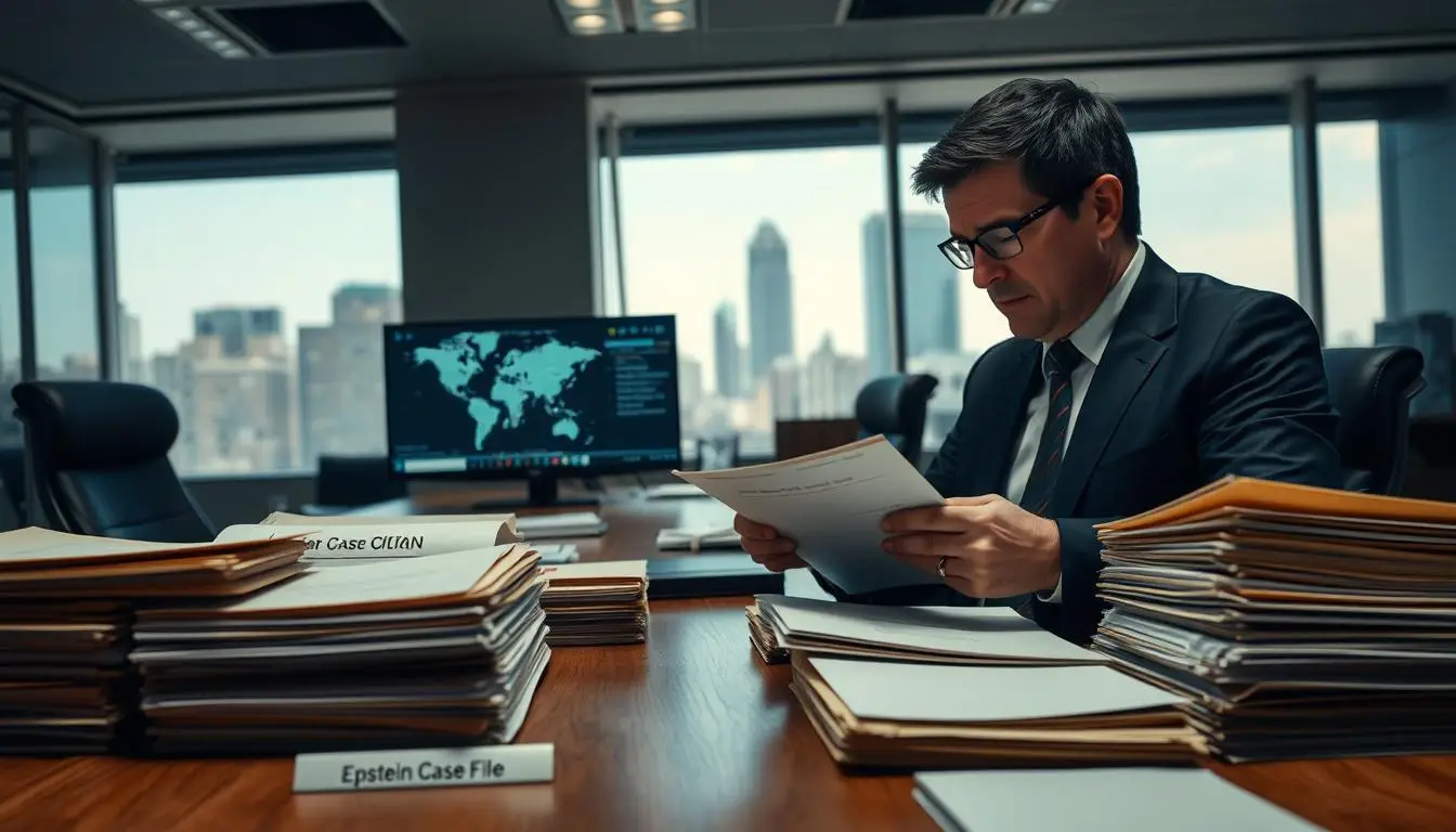 A serious and dramatic scene inside a modern Department of Justice office. In the foreground, a wooden conference table is cluttered with stacks of manila folders labeled "Epstein Case Files." A professional-looking man in a suit, with short dark hair and glasses, is intently reviewing a file, highlighting important documents. In the middle, a computer screen displays a digital map and key dates pertinent to the case. In the background, large windows let in natural light, showcasing the cityscape. The atmosphere is tense yet focused, reflecting gravity and urgency in a well-lit, professional environment. The image captures the essence of a pivotal moment in a significant legal investigation, with no text or distracting elements. New Epstein Case Files