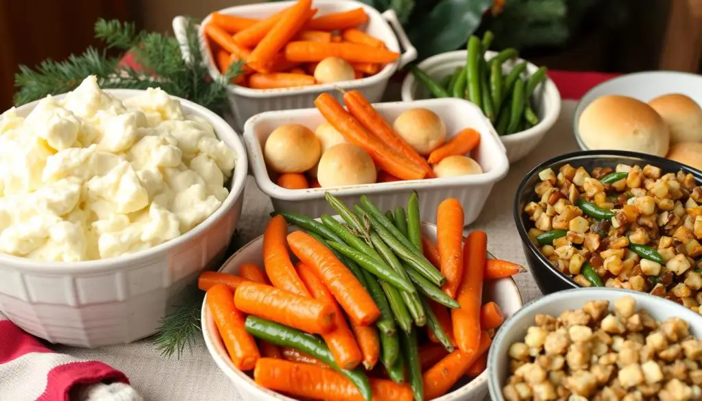 A spread of budget-friendly Christmas side dishes including mashed potatoes, green beans, and homemade rolls