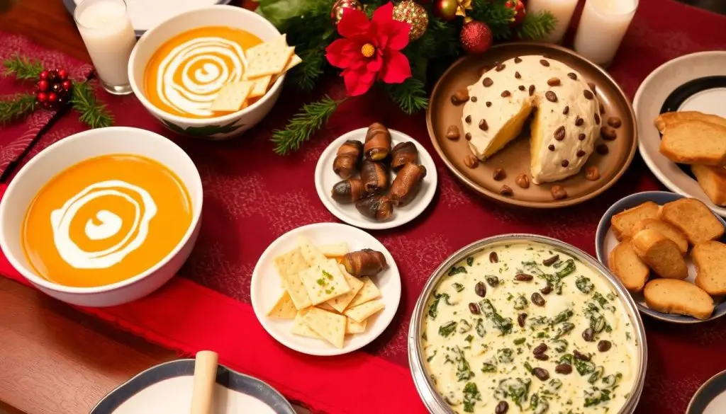 A table with budget-friendly Christmas appetizers including dips, cheese ball, and soup