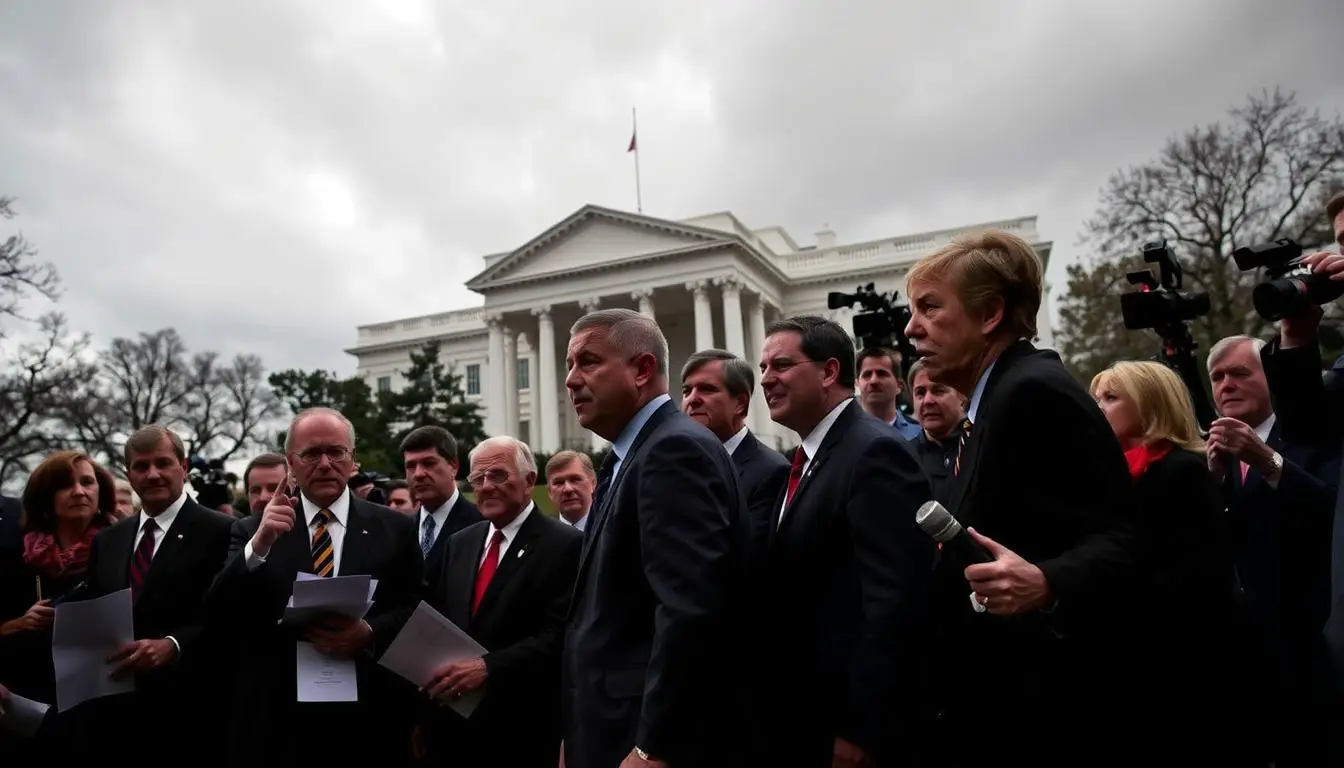 A tense scene unfolding outside the White House, depicting a group of determined Republicans in professional business attire. In the foreground, a diverse group of men and women, engaged in animated discussions, holding documents and pointing towards the White House. The middle ground features the iconic White House building, its columns stark against a gloomy overcast sky, emphasizing the seriousness of the event. The background shows the press gathered with cameras, capturing the moment, while a few security personnel watch closely. The lighting is dramatic, with shadows creating a somber atmosphere, hinting at the urgency of the situation. The angle is slightly low, looking up towards the White House to enhance its imposing presence and reflect the gravity of the standoff over Obamacare. Obamacare Repeal Act