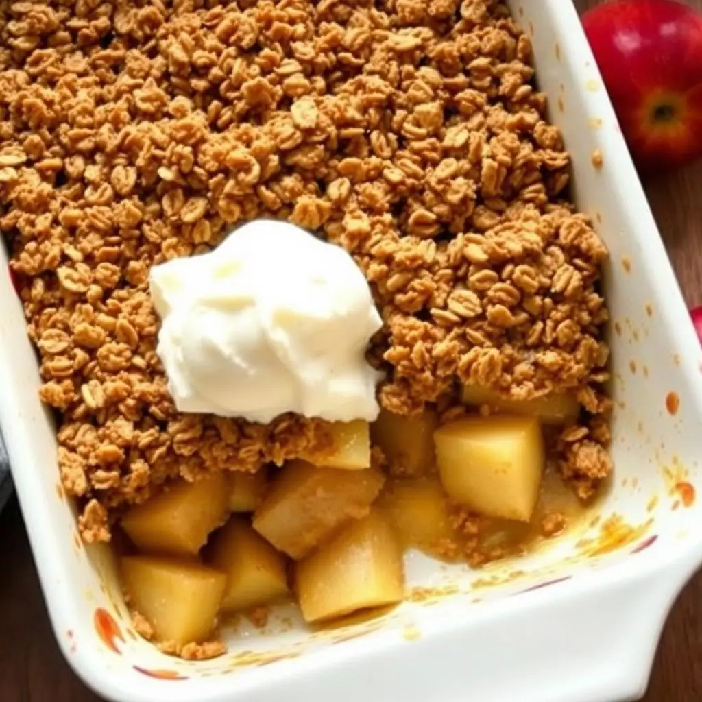 Apple crisp in a baking dish with a scoop removed Apple crisp in a baking dish with a scoop removed