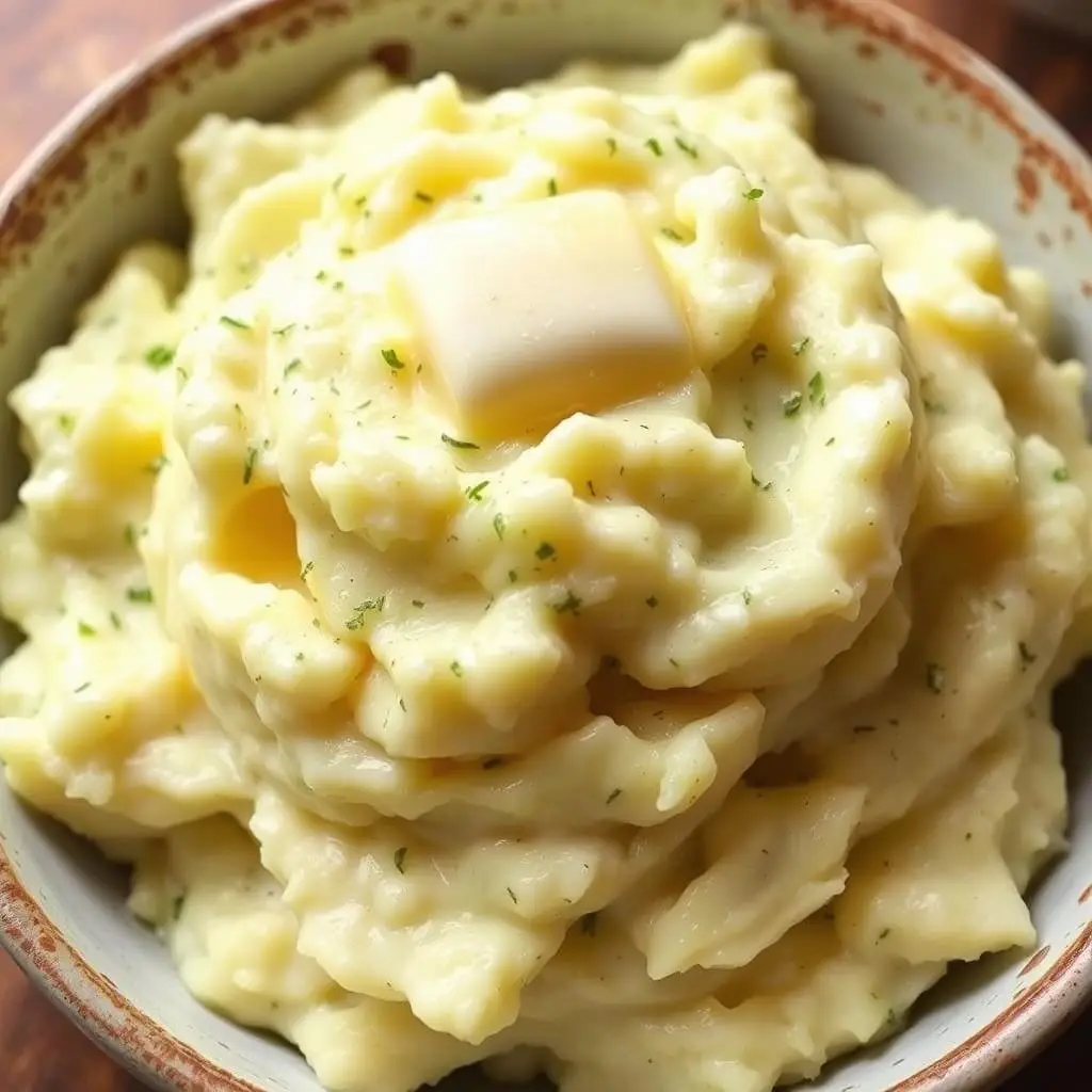 Garlic and herb mashed potatoes in a bowl as a budget-friendly Christmas side dish Garlic and herb mashed potatoes in a bowl as a budget-friendly Christmas side dish