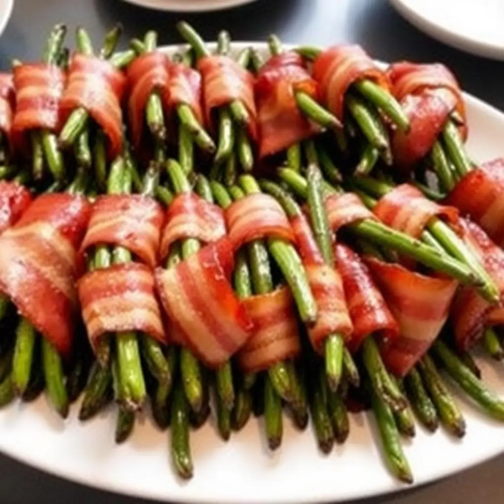 Green beans wrapped in bacon bundles on a serving platter Green beans wrapped in bacon bundles on a serving platter