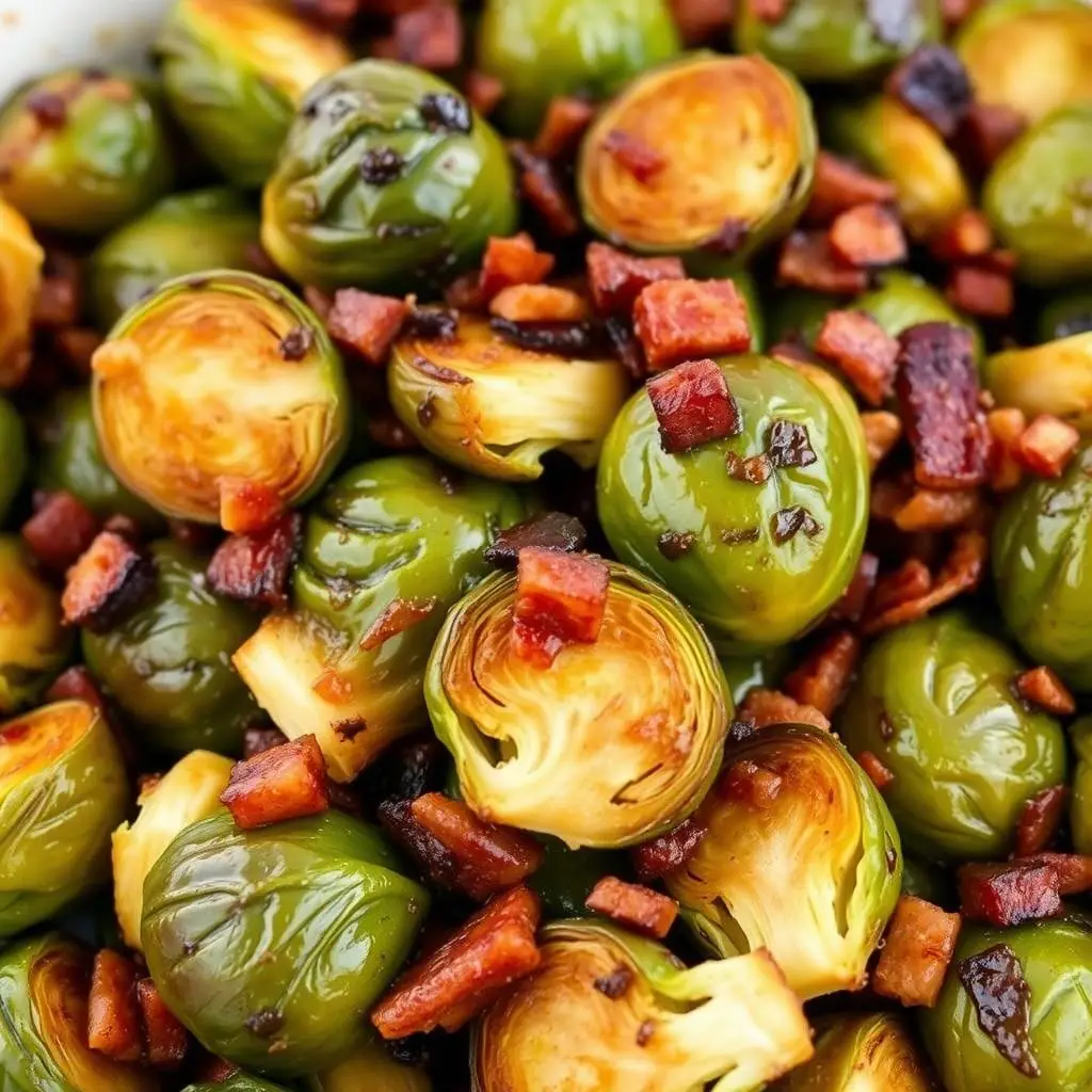 Maple and bacon glazed Brussels sprouts in a serving dish Maple and bacon glazed Brussels sprouts in a serving dish