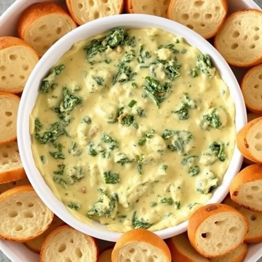 Spinach artichoke dip with bread for dipping Spinach artichoke dip with bread for dipping