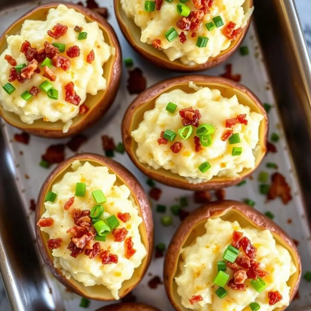 Twice-baked potatoes with cheese and bacon bits as a budget-friendly Christmas side dish Twice-baked potatoes with cheese and bacon bits as a budget-friendly Christmas side dish