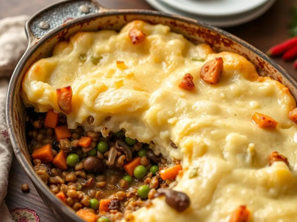 Vegetarian Shepherd's Pie with lentils and vegetables as a budget-friendly Christmas main dish
