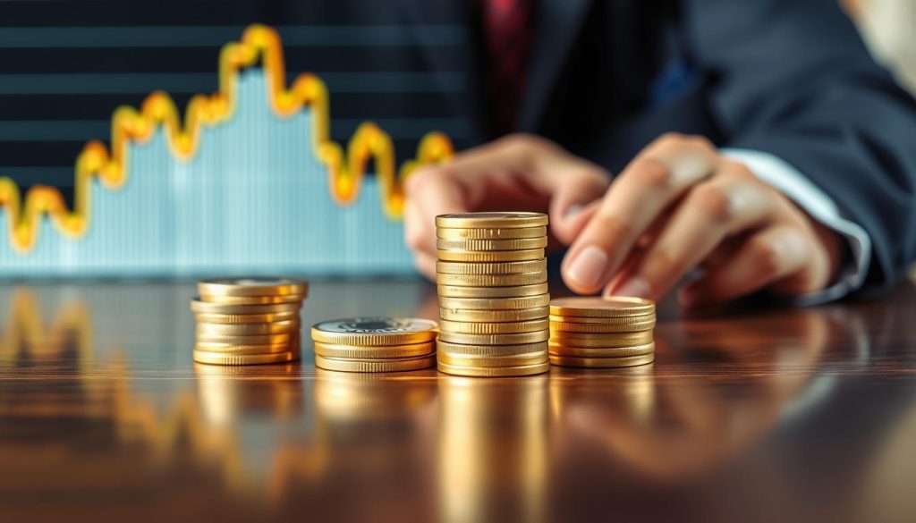 A close-up of a golden and silver coin stack placed elegantly on a polished wooden table, with a background of blurred financial charts depicting a downward trend emphasizing the impact of a strong U.S. dollar. In the foreground, a pair of hands wearing a professional business attire can be seen analyzing the coins, symbolizing investors' concerns. Soft, natural lighting illuminates the coins, highlighting their luster and details. The atmosphere is serious and contemplative, suggesting cautious decision-making in a fluctuating market. The scene captures the interplay of precious metals against the backdrop of economic uncertainty, emphasizing the allure and risk associated with investing in gold and silver. A close-up of a golden and silver coin stack placed elegantly on a polished wooden table, with a background of blurred financial charts depicting a downward trend emphasizing the impact of a strong U.S. dollar. In the foreground, a pair of hands wearing a professional business attire can be seen analyzing the coins, symbolizing investors' concerns. Soft, natural lighting illuminates the coins, highlighting their luster and details. The atmosphere is serious and contemplative, suggesting cautious decision-making in a fluctuating market. The scene captures the interplay of precious metals against the backdrop of economic uncertainty, emphasizing the allure and risk associated with investing in gold and silver.