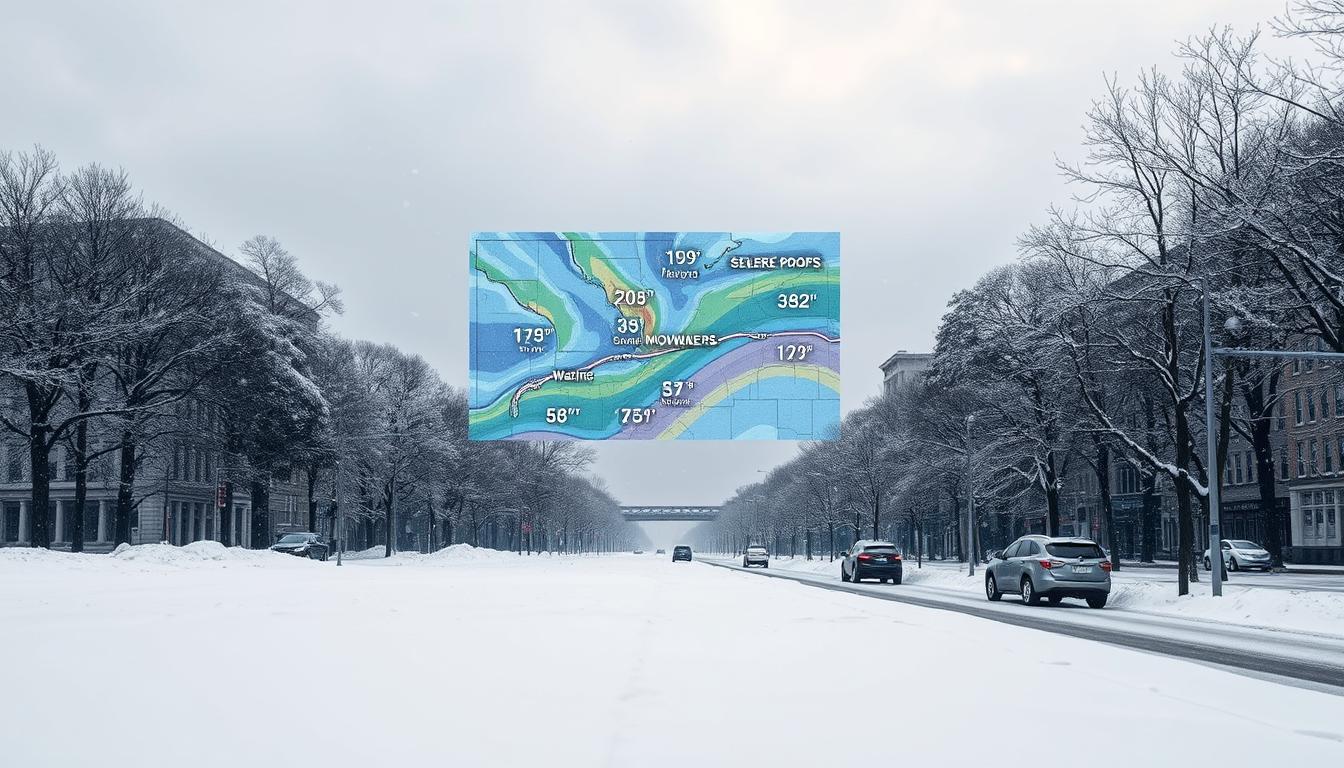 A cold weather forecast scene showing a snowy cityscape in the foreground, where snow gently falls on quiet streets and trees adorned with a blanket of snow. In the middle ground, a weather map projection displays temperature drops and snowstorm warnings with bright colors indicating severe cold fronts. The background features overcast skies, casting a gray, wintry light over the landscape that enhances the chilly atmosphere. Soft, diffused lighting highlights the textures of snow and ice, creating a serene yet ominous mood. The composition captures a sense of impending winter storm awareness, focusing on the cold, muted colors of the season, all framed with a professional, informative tone. New cold front