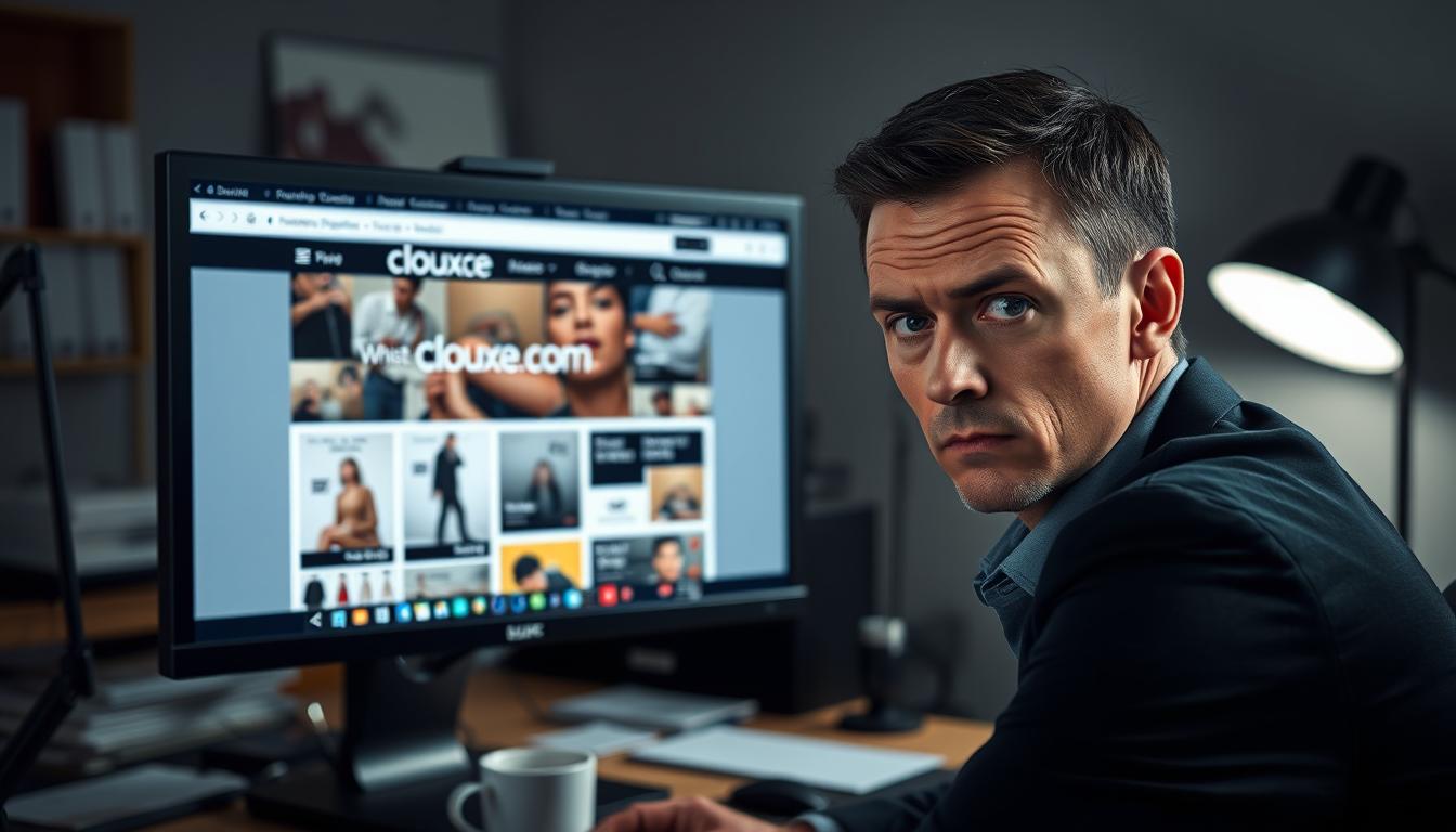 A computer screen displays a suspicious website labeled "clouxe.com," showcasing a fake online store design with poorly crafted graphics, mismatched color schemes, and a cluttered layout. In the foreground, a concerned individual, dressed in smart casual attire, is examining the screen with a furrowed brow, indicating skepticism. The middle ground features the blurred outlines of a cluttered office workspace, with papers and a coffee cup, enhancing the sense of inquiry. The background shows a dimly lit room, with a focused desk lamp illuminating the screen, creating a tense and uneasy atmosphere. The lighting highlights the individual’s expression, capturing the mood of caution and alertness as they uncover the fraudulent nature of the website. Consumer Alert