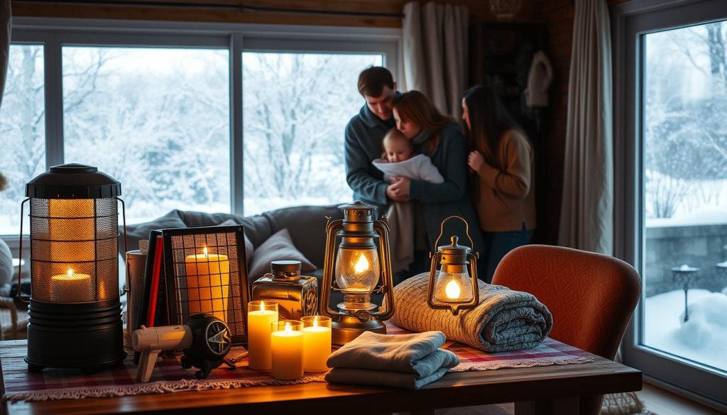 A cozy indoor scene depicting winter power outage preparedness. In the foreground, a well-stocked emergency supplies table with candles, a portable heater, blankets, and a lantern surrounded by a warm glow. In the middle, a family dressed in modest casual clothing huddles together, discussing their emergency plan. The background features a snowy landscape visible through a frosted window, with snow gently accumulating outside. The lighting should be soft and warm, creating a contrast with the cold winter scene outside. The atmosphere is one of safety and togetherness, emphasizing the importance of preparation during power outages in winter emergencies. A cozy indoor scene depicting winter power outage preparedness. In the foreground, a well-stocked emergency supplies table with candles, a portable heater, blankets, and a lantern surrounded by a warm glow. In the middle, a family dressed in modest casual clothing huddles together, discussing their emergency plan. The background features a snowy landscape visible through a frosted window, with snow gently accumulating outside. The lighting should be soft and warm, creating a contrast with the cold winter scene outside. The atmosphere is one of safety and togetherness, emphasizing the importance of preparation during power outages in winter emergencies.