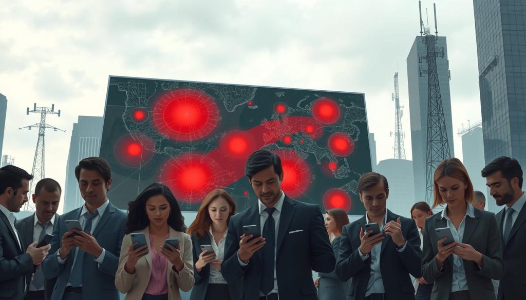 A detailed illustration of Verizon's network coverage map, showing varying levels of service in an urban environment. In the foreground, a diverse group of business professionals, dressed in professional attire, are examining their smartphones with expressions of concern. The middle ground features a large digital map displaying a colored gradient to indicate network strength, with red areas symbolizing poor coverage and green areas indicating strong signals. The background includes silhouettes of tall buildings and cellular towers against a slightly overcast sky, conveying a mood of urgency and disruption. Use soft, diffused lighting to create a realistic atmosphere, and ensure the perspective wishes to emphasize the impact of service disruption on everyday users. A detailed illustration of Verizon's network coverage map, showing varying levels of service in an urban environment. In the foreground, a diverse group of business professionals, dressed in professional attire, are examining their smartphones with expressions of concern. The middle ground features a large digital map displaying a colored gradient to indicate network strength, with red areas symbolizing poor coverage and green areas indicating strong signals. The background includes silhouettes of tall buildings and cellular towers against a slightly overcast sky, conveying a mood of urgency and disruption. Use soft, diffused lighting to create a realistic atmosphere, and ensure the perspective wishes to emphasize the impact of service disruption on everyday users.