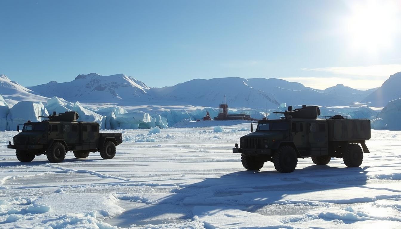 A dramatic Arctic landscape showcasing the rugged beauty of Greenland's glaciers and icebergs, juxtaposed with military presence. In the foreground, an ice-covered shore, with a tactful military convoy of armored vehicles in modern camo, symbolizing U.S. security interests. The middle ground features a remote research facility, hinting at scientific endeavors intertwined with security. The background showcases towering snow-capped mountains under a clear blue sky, with the sun casting a cold, crisp light that enhances the icy textures. The atmosphere is tense yet serene, reflecting the strategic importance of the region. The image should be captured from a slight bird's-eye view to emphasize both the natural landscape and military assets, rendered in high detail for a striking visual impact. Denmark and Greenland
