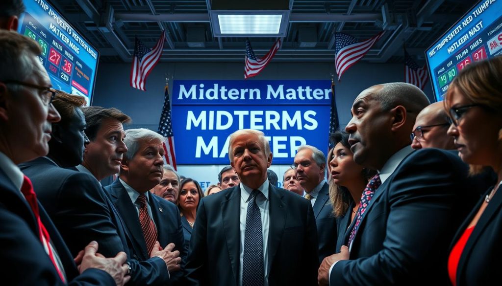 A dramatic political scene capturing the essence of "Trump impeachment midterms" set in a bustling campaign headquarters. In the foreground, a group of diverse, professionally dressed politicians and aides engaged in a heated discussion, showcasing concern and determination. In the middle, large screens display polling numbers and news headlines about the upcoming 2026 elections. In the background, a banner reads "Midterms Matter" with American flags lightly waving. The lighting is bright but slightly moody, casting shadows that add depth to the expressions of the figures. The angle focuses on the dynamic interactions, capturing the urgency of the moment, while the atmosphere is charged with tension and anticipation, reflecting the stakes of the elections ahead. Impeachment