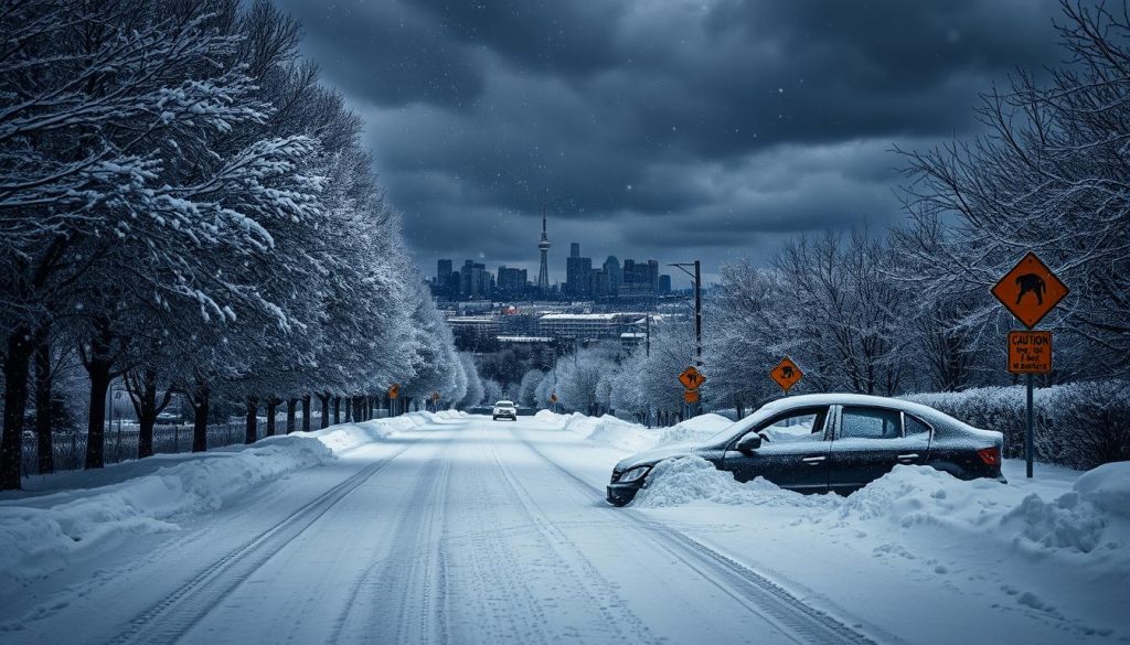 A dramatic winter landscape showcasing a fierce winter storm approaching. In the foreground, a snow-covered street lined with frosty trees swaying in the icy wind. Snowflakes swirl through the air, illuminated by a dim, grey winter light, creating a sense of urgency. The middle ground features an abandoned car partially buried in snow, indicating the intensity of the storm, with caution signs warning of treacherous conditions. In the background, dark clouds loom ominously over a distant city skyline, hinting at the severity of the impending storm. The mood is tense and foreboding, capturing the fierce nature of winter weather. The overall composition should convey both beauty and danger, with soft focus on the edges to highlight the central elements of the storm. A dramatic winter landscape showcasing a fierce winter storm approaching. In the foreground, a snow-covered street lined with frosty trees swaying in the icy wind. Snowflakes swirl through the air, illuminated by a dim, grey winter light, creating a sense of urgency. The middle ground features an abandoned car partially buried in snow, indicating the intensity of the storm, with caution signs warning of treacherous conditions. In the background, dark clouds loom ominously over a distant city skyline, hinting at the severity of the impending storm. The mood is tense and foreboding, capturing the fierce nature of winter weather. The overall composition should convey both beauty and danger, with soft focus on the edges to highlight the central elements of the storm.