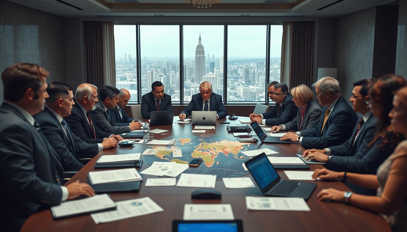 A high-stakes international relations meeting set in a modern conference room. In the foreground, diverse diplomats from various countries are engaged in serious discussion, dressed in professional business attire, with focused expressions. In the middle, a large, oval table is cluttered with documents, laptops, and digital displays showing maps and statistics, suggesting complex geopolitical dynamics. The background features large windows with a panoramic view of a city skyline, symbolizing global connectivity. Soft, diffused lighting highlights the intense atmosphere, casting subtle shadows. The mood is tense yet collaborative, capturing a moment of negotiation and the potential fallout from recent policy changes impacting international travel and relations. Retaliatory Visa Bans