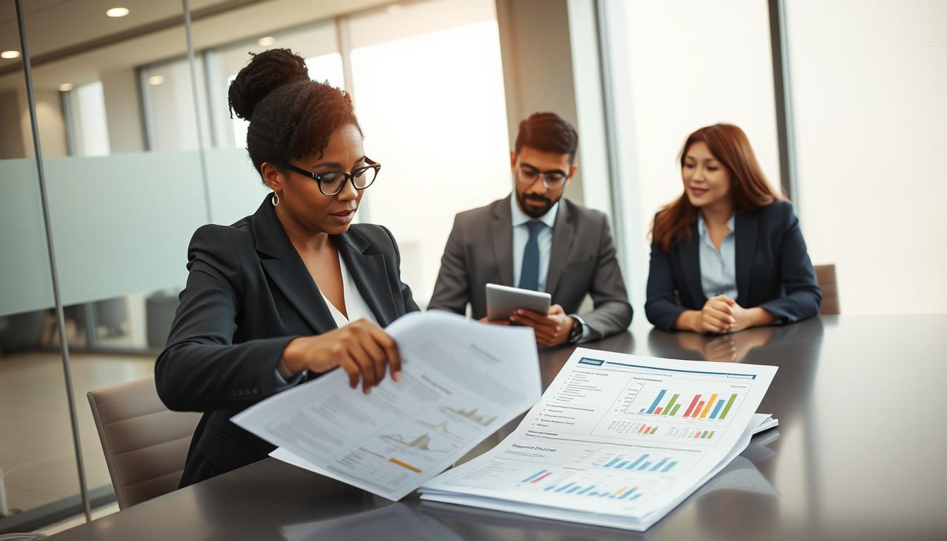 A modern office setting depicting a diverse group of three professionals discussing loan repayment options around a sleek conference table. In the foreground, a middle-aged Black woman in a business suit points at a stack of informative documents and graphs illustrating various student loan repayment plans. In the middle, a young Asian man in a smart casual outfit takes notes, while a Hispanic woman in professional attire listens intently. The background features a large window with soft daylight streaming in, casting a warm glow over the scene. The atmosphere is collaborative and hopeful, suggesting a positive discussion about financial solutions amidst economic challenges. Use a wide-angle lens to capture the group's interaction and the professional environment. Student Loan Reform