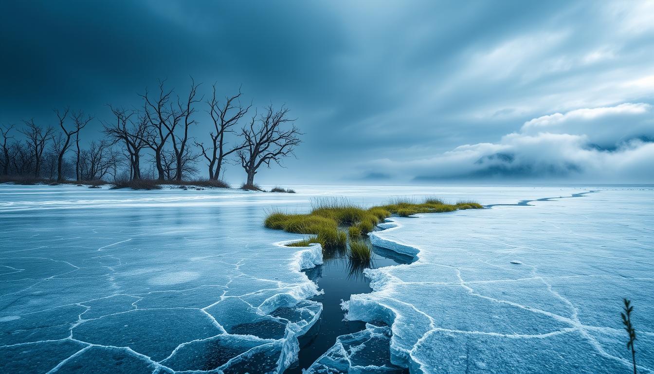 A stark winter scene illustrating the paradox of global warming, showcasing a frozen landscape split by a melting ice river. In the foreground, cracked ice formations glisten under a cold, overcast sky, creating a sense of desolation. The middle ground features a stark contrast: skeletal trees draped in icicles, alongside patches of green grass breaking through snow, symbolizing nature’s struggle. In the background, distant mountains are partially obscured by a swirling white mist, hinting at the chaotic climate shifts. Soft, diffused lighting emanates from the overcast sky, casting a bluish hue that heightens the mood of unease and contemplation. The composition captures the tension between extreme cold and the impending threat of rising temperatures, evoking a deep sense of reflection on climate change. Global Warming