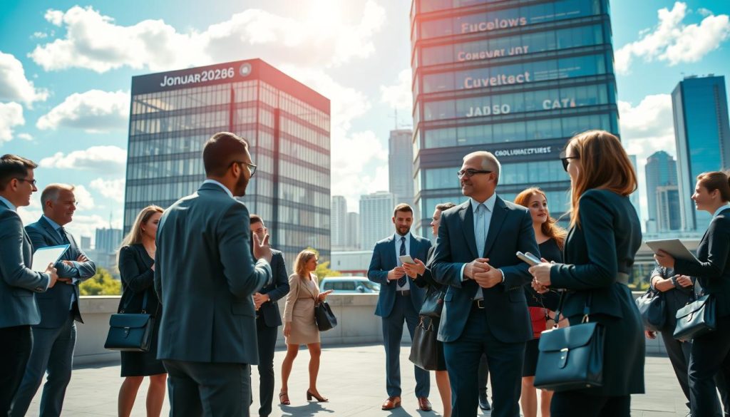 A vibrant and bustling job market scene in January 2026, set outdoors in a modern urban environment. In the foreground, a diverse group of professionals in smart business attire engage in animated discussions and networking, holding laptops and briefcases. The middle ground features a prominent, sleek building labeled as a corporate office, with job postings visible in the windows. The background showcases a bright blue sky with fluffy clouds and a distant skyline of skyscrapers, symbolizing growth and opportunity. Soft natural lighting enhances the optimistic atmosphere, while a slight depth of field effect blurs the background slightly, focusing on the professionals in the foreground. The overall mood is dynamic and hopeful, illustrating the connectivity and vibrancy of the job market. A vibrant and bustling job market scene in January 2026, set outdoors in a modern urban environment. In the foreground, a diverse group of professionals in smart business attire engage in animated discussions and networking, holding laptops and briefcases. The middle ground features a prominent, sleek building labeled as a corporate office, with job postings visible in the windows. The background showcases a bright blue sky with fluffy clouds and a distant skyline of skyscrapers, symbolizing growth and opportunity. Soft natural lighting enhances the optimistic atmosphere, while a slight depth of field effect blurs the background slightly, focusing on the professionals in the foreground. The overall mood is dynamic and hopeful, illustrating the connectivity and vibrancy of the job market.