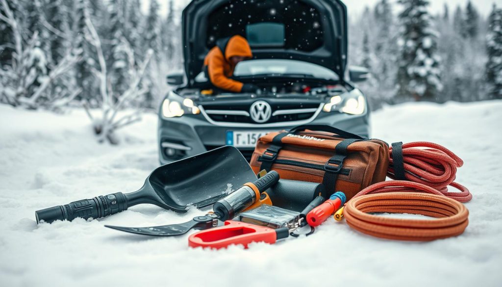 A winter scene focused on a car maintenance setup in a snowy landscape. In the foreground, a well-equipped vehicle survival kit featuring essential supplies like a flashlight, snow shovel, ice scraper, and jumper cables is laid out on a snow-covered surface. In the middle ground, a car with an open hood reveals a mechanic checking the engine fluids, dressed in a warm, professional jacket and gloves. The background showcases a snow-dusted forest and soft falling snowflakes, creating a serene yet alert atmosphere. The lighting is soft and diffused, suggesting a cloudy winter day. The angle captures the scene from slightly above, highlighting both the kit and the maintenance activity, evoking a sense of preparedness and safety during winter emergencies. A winter scene focused on a car maintenance setup in a snowy landscape. In the foreground, a well-equipped vehicle survival kit featuring essential supplies like a flashlight, snow shovel, ice scraper, and jumper cables is laid out on a snow-covered surface. In the middle ground, a car with an open hood reveals a mechanic checking the engine fluids, dressed in a warm, professional jacket and gloves. The background showcases a snow-dusted forest and soft falling snowflakes, creating a serene yet alert atmosphere. The lighting is soft and diffused, suggesting a cloudy winter day. The angle captures the scene from slightly above, highlighting both the kit and the maintenance activity, evoking a sense of preparedness and safety during winter emergencies.