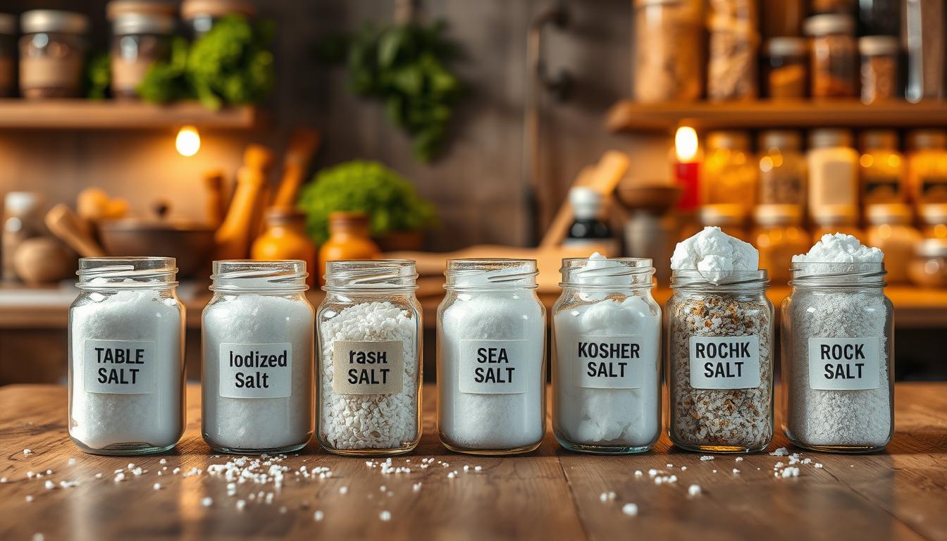 A beautifully arranged display of various types of salt highlighting their unique textures and colors. In the foreground, a wooden table hosts small glass jars filled with table salt, iodized salt, sea salt in coarse grains, kosher salt, and rough rock salt. Each jar is labeled and illuminated by soft, warm lighting that enhances the salt's natural sparkle. In the middle ground, a rustic kitchen scene is visible with herbs and spices creating a homely atmosphere. The background features shelves lined with more jars, complementing the theme of prep storage. The overall mood is inviting and educational, perfect for showcasing the importance of different salt types in a prepper's stockpile. Use a shallow depth of field to focus primarily on the salts while gently blurring the background elements. A beautifully arranged display of various types of salt highlighting their unique textures and colors. In the foreground, a wooden table hosts small glass jars filled with table salt, iodized salt, sea salt in coarse grains, kosher salt, and rough rock salt. Each jar is labeled and illuminated by soft, warm lighting that enhances the salt's natural sparkle. In the middle ground, a rustic kitchen scene is visible with herbs and spices creating a homely atmosphere. The background features shelves lined with more jars, complementing the theme of prep storage. The overall mood is inviting and educational, perfect for showcasing the importance of different salt types in a prepper's stockpile. Use a shallow depth of field to focus primarily on the salts while gently blurring the background elements.
