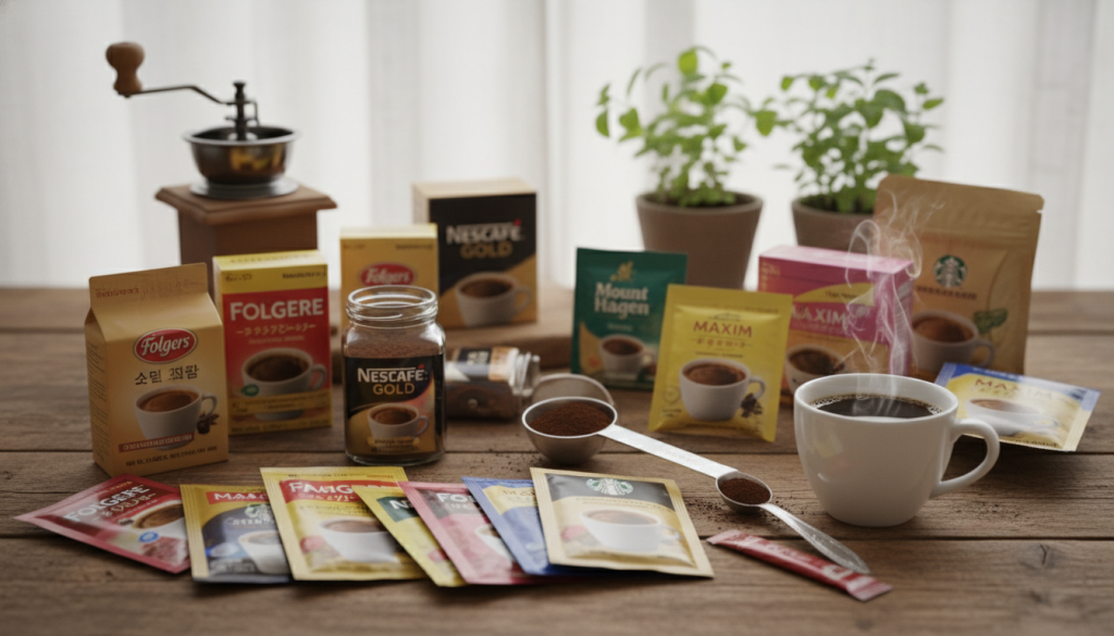 A beautifully arranged flat lay of various top instant coffee brands displayed on a rustic wooden table. In the foreground, vibrant packages of coffee, like colorful sachets and jars, showcasing their distinctive designs and logos, are interspersed with a steaming cup of freshly brewed instant coffee. The middle ground features a small coffee grinder and a spoon, hinting at the brewing process. In the background, a softly diffused light filters through sheer curtains, creating a warm, inviting atmosphere. The scene captures a cozy kitchen vibe with potted herbs and a vintage coffee mill subtly blurred. The overall mood is warm and inviting, highlighting the diverse options and styles of instant coffees, emphasizing the theme of discovery and enjoyment.