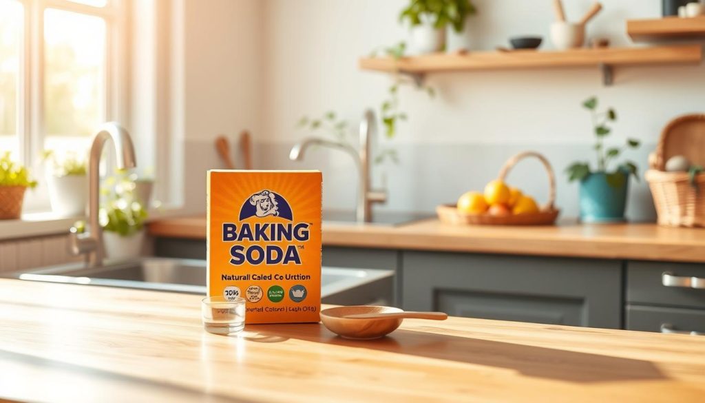 A bright, airy kitchen setting bathed in natural light, showcasing a wooden countertop with eco-friendly cleaning supplies. In the foreground, a box of baking soda is prominently displayed alongside a wooden spoon and a small bowl of water, suggesting a natural cleaning solution. The middle ground features a sparkling clean kitchen sink and shiny surfaces, reflecting the use of baking soda for cleaning. In the background, potted herbs on a windowsill and a basket of fresh fruits enhance the eco-friendly vibe. The scene conveys a fresh, clean atmosphere, evoking a sense of sustainability and health. Use soft, warm lighting to create an inviting and calm mood, focusing on the cleanliness and eco-conscious elements of the kitchen.