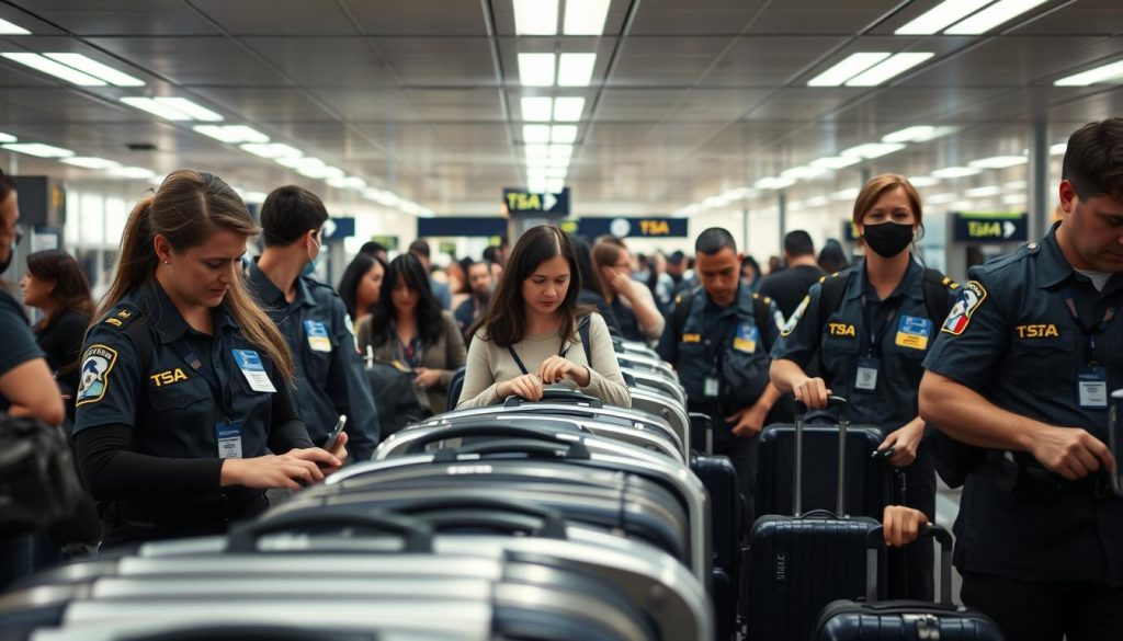 A bustling TSA checkpoint at an airport during a partial government shutdown. In the foreground, TSA agents in professional uniforms are diligently inspecting carry-on luggage and assisting travelers. Middle ground features travelers, appearing slightly anxious yet cooperative, engaging with the agents. The background showcases security equipment such as metal detectors and X-ray machines under bright, fluorescent lighting, casting a sterile glow across the scene. The angle captures the organized chaos, with a focus on the interaction between the agents and passengers, encapsulating a sense of duty and resilience in the face of challenges. The overall mood is tense yet determined, highlighting the ongoing commitment of TSA personnel to maintain security amidst uncertainty. A bustling TSA checkpoint at an airport during a partial government shutdown. In the foreground, TSA agents in professional uniforms are diligently inspecting carry-on luggage and assisting travelers. Middle ground features travelers, appearing slightly anxious yet cooperative, engaging with the agents. The background showcases security equipment such as metal detectors and X-ray machines under bright, fluorescent lighting, casting a sterile glow across the scene. The angle captures the organized chaos, with a focus on the interaction between the agents and passengers, encapsulating a sense of duty and resilience in the face of challenges. The overall mood is tense yet determined, highlighting the ongoing commitment of TSA personnel to maintain security amidst uncertainty.