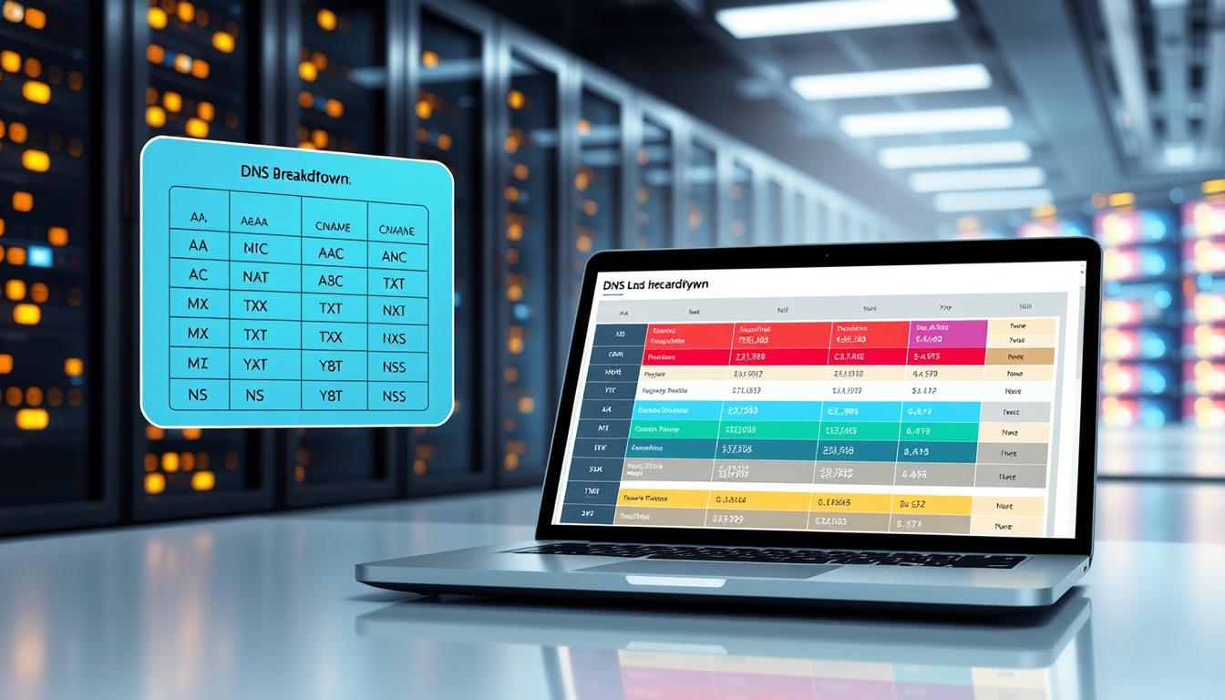 A detailed and informative illustration of DNS records breakdown, showcasing various types such as A, AAAA, CNAME, MX, TXT, NS, and more. In the foreground, a prominently displayed digital diagram featuring labeled sections for each record type, using bright, contrasting colors for clarity. The middle ground includes a sleek, modern laptop with a simulation of a DNS management interface, displaying the breakdown in an engaging format. The background features a high-tech server room with glowing servers, emphasizing the digital infrastructure of DNS. Soft, diffused lighting creates a professional atmosphere, while a slight perspective angle adds depth. Overall, the composition should feel clean and organized, suitable for educational purposes, with no text elements present. how DNS works